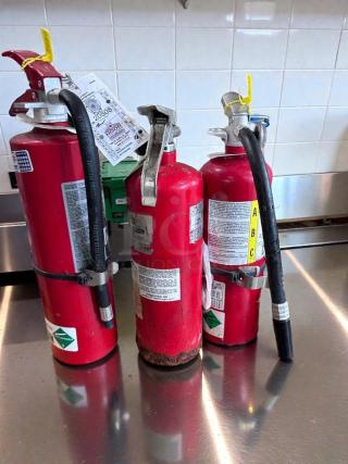 Three ABC-rated fire extinguishers from mixed commercial brands, in exceptional condition, fully charged with visible inspection tags.