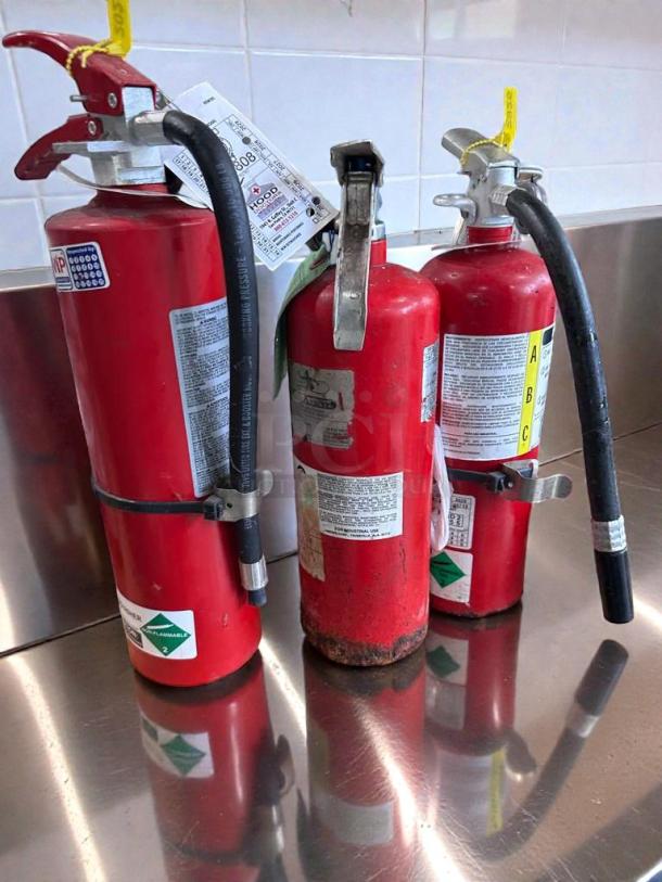 Three ABC rated commercial fire extinguishers, fully charged, mixed brands, excellent condition, with visible safety tags.