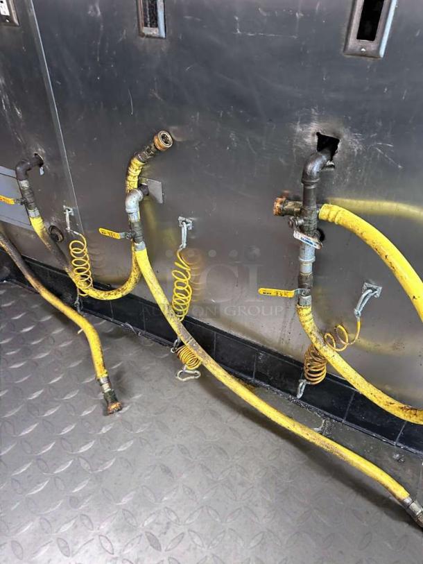 Lot of 7 yellow commercial gas hoses with quick disconnects, pristine condition, fully inspected, various makes.