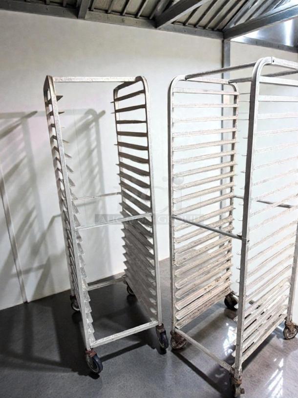 Mobile aluminum speed racks, full size, superior used condition, for commercial bakery use, set of 2.