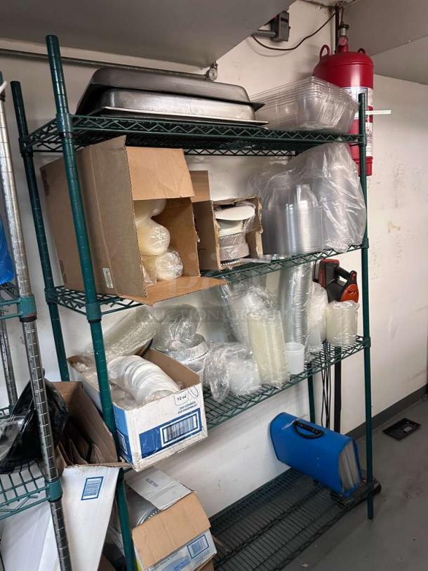 Commercial-grade wire storage rack with contents, in excellent condition. Features heavy-duty metal shelves, packed with disposable cups and trays.