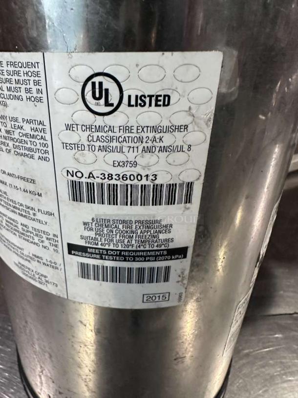 Stainless Steel Cintas fire extinguisher, Type B:C:D, excellent condition, UL listed, inspected, 2015 label, ready for use.