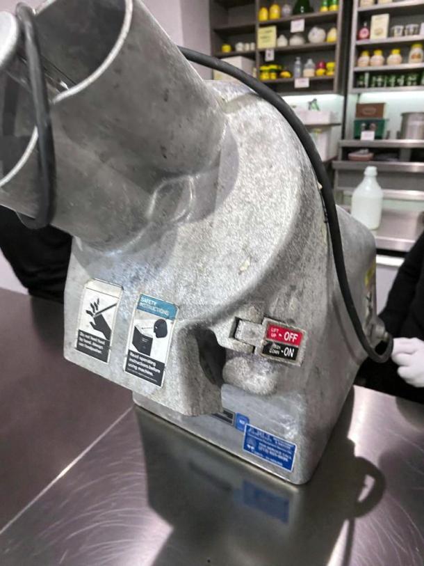 Global food processor, General Slicing model, commercial countertop, metal finish, working condition. Safety labels visible.