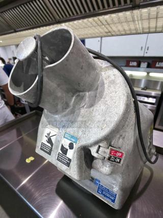 Commercial Global food processor, model General Slicing, tested and working, with safety labels and on/off switch visible.