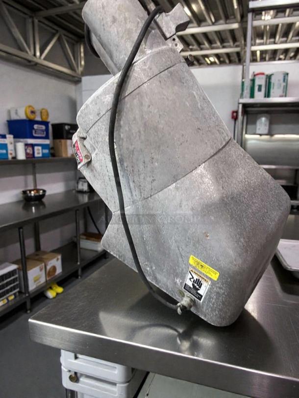 Global commercial food processor, model General Slicing, on countertop. Tested, working condition. Caution labels visible.