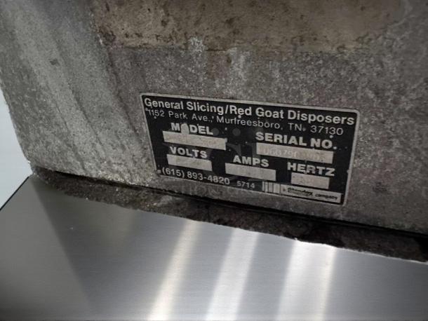 Global commercial countertop food processor, Model General Slicing by Red Goat Disposers. Tested, working condition. Serial and details visible.