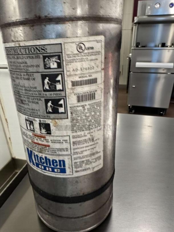 Kitchen One Silver Commercial Fire Extinguisher, Model AD-576822, Class K, outstanding condition, tested and working.