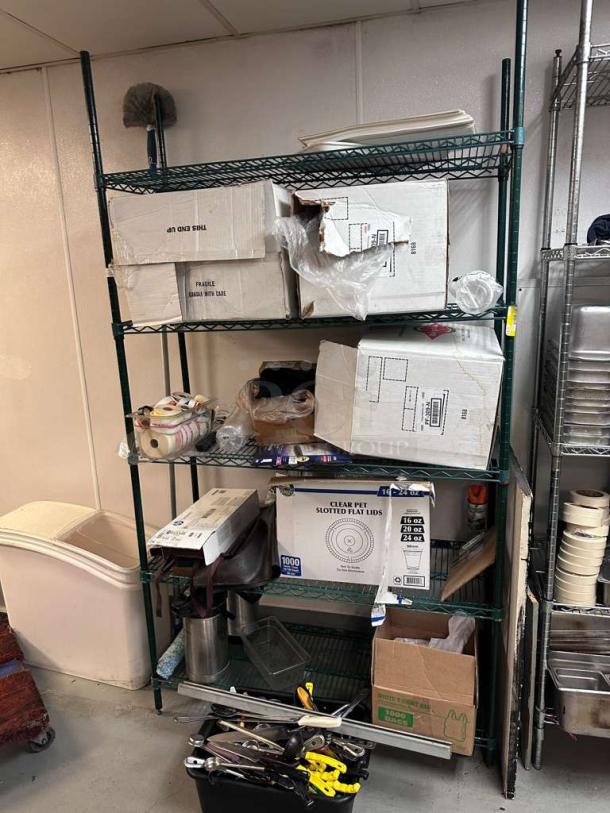 Commercial wire storage rack in outstanding condition with contents, green epoxy coated, tested, ready for use.