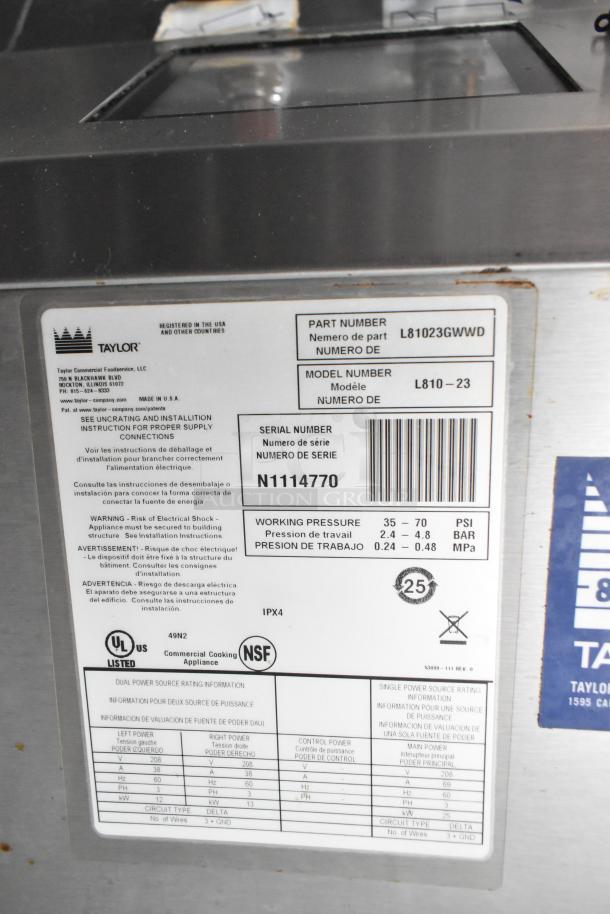 Label on Taylor appliance with model number L810-23, part number L81023GWWD, and serial number N1114770.