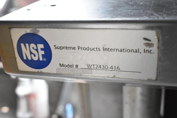 Label showing NSF rating, Supreme Products International, Model # WT2430-416. Indicating commercial-grade equipment.