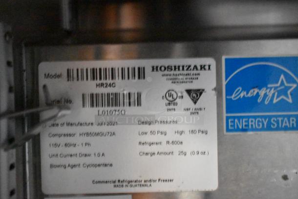 Hoshizaki refrigerator label, model HR24C, manufactured July 2021, UL listed, Energy Star certified.