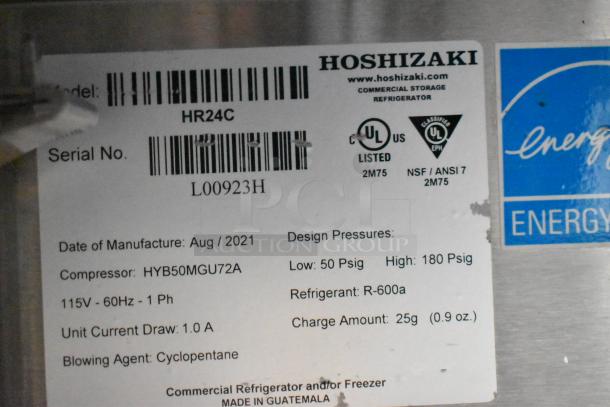 Label on Hoshizaki commercial storage refrigerator model HR24C, serial L00923H, manufactured August 2021, 115V, 60Hz.