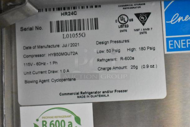 Label on commercial refrigerator/freezer with serial no. L01055G, manufactured July 2021, using R-600a refrigerant.