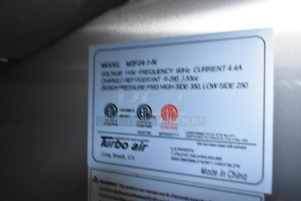 Turbo Air appliance label indicating model M3F24-1-N, voltage, frequency, and current specifications.