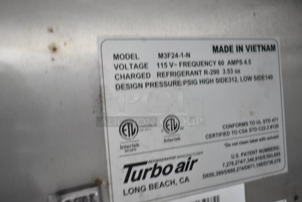 Turbo Air label showing model M3F24-1-N specifications, indicating voltage 115V, and made in Vietnam.