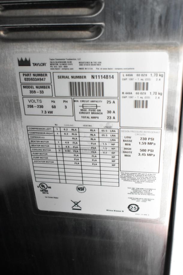 Taylor electric platen grill equipment label showing part, model, and serial numbers, voltage specs, and safety certifications.
