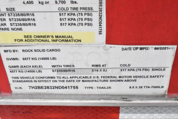 Rock Solid Cargo trailer label showing specs: 14500 lb GVWR, manufactured 09/2021. VIN: 7H2BE2832ND041755.