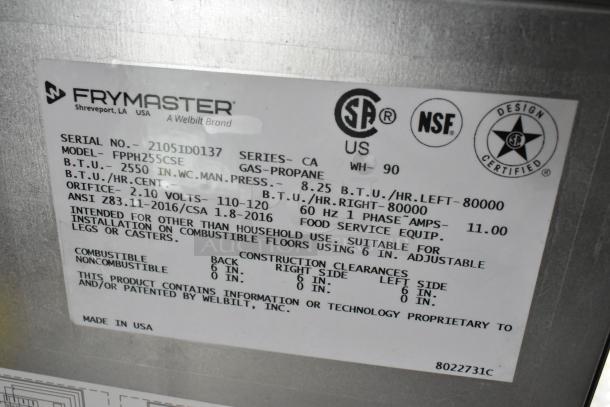 Frymaster model FPPH255CSE label showing specifications: gas-propane, 80,000 BTU, 60 Hz, made in USA by Welbit.
