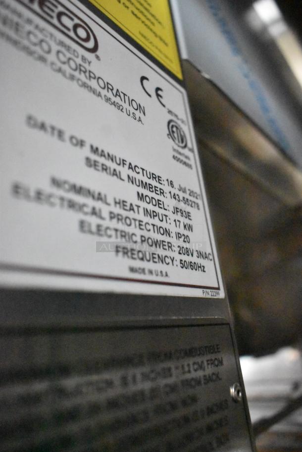 Close-up of Nieco Corporation equipment label showing manufacturing details: made in USA, model JF93E, heat input 17 kW, power 208V.