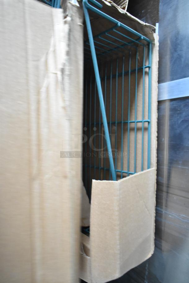 Cardboard box containing metal shelving components, partially exposed, in new condition.