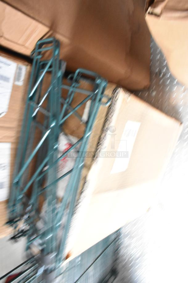 Blurry image showing part of a boxed item and metal racks inside a Rock Solid Cargo trailer setup.