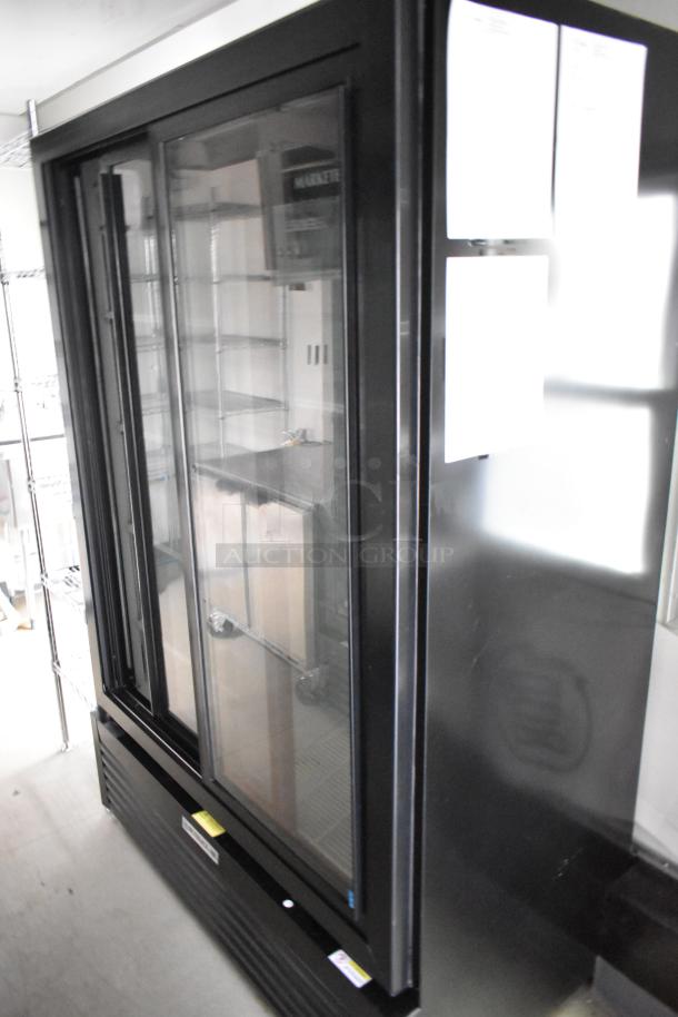 Black Beverage Air 2-door cooler in new condition, inside Nationwide 24' mobile kitchen trailer, ready for use.