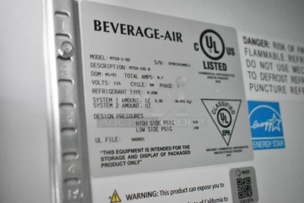 Label on Beverage Air cooler model MT53-1-SD, 115 volts, R-290 refrigerant, UL listed, Energy Star certified.