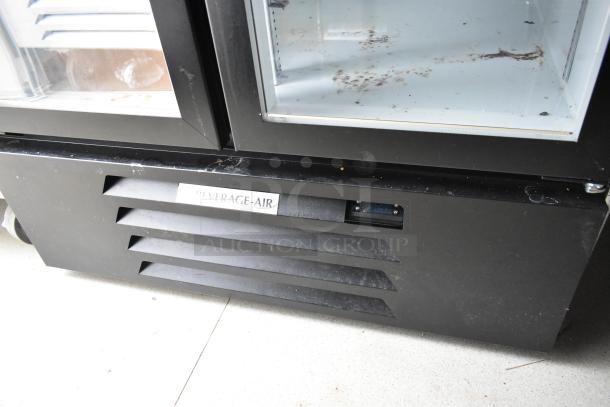 Close-up of Beverage Air cooler in a 24' Nationwide food trailer. Cooler features dual glass doors and digital temperature display.