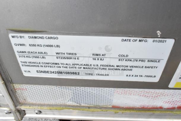 Label on Nationwide 24' food trailer, manufactured by Diamond Cargo in 01/2021. GVWR 6350 kg, GAWR 3175 kg.