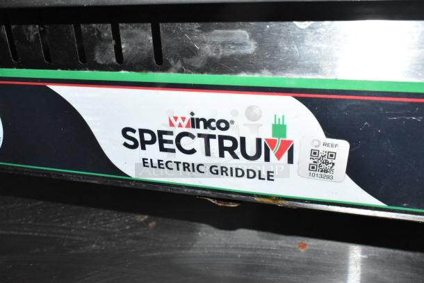 Winco Spectrum Electric Griddle label with QR code. Part of Stuff4less 24' food trailer equipped for various kitchen needs.