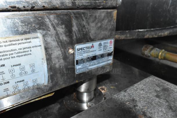 Close-up of a Spectrum electric griddle in a Stuff4less mobile kitchen. Features labels with model and electrical specs.