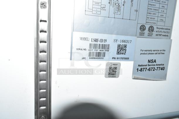 Sticker with model number USRF-1D/19, serial number 6317 1707 1608 2729, UPC 646564005312, and contact information.