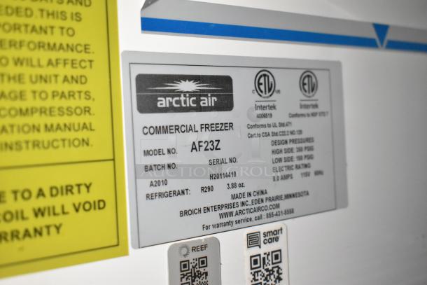 Arctic Air commercial freezer label showing model AF23Z, batch A2010, refrigerant R290, 3.88 oz.