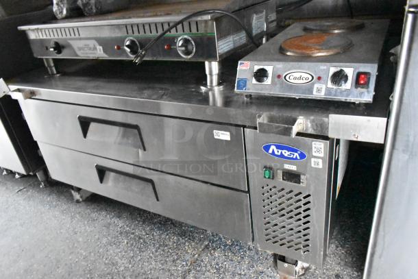 Alt text: "Stuff4less mobile kitchen with Atosa coolers, Cadco hotplate, and storage drawers; ideal for fast food or ghost kitchen."