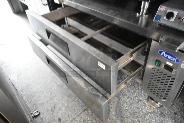 Alt text: Stuff4less mobile kitchen trailer with Atosa refrigeration unit, open stainless steel drawers, and control panel.