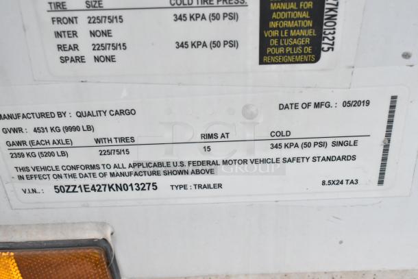 Label on Stuff4less 24' mobile kitchen trailer, manufactured by Quality Cargo in 05/2019. GVWR: 4531 KG, VIN: 5OZZ1E427KN013275.