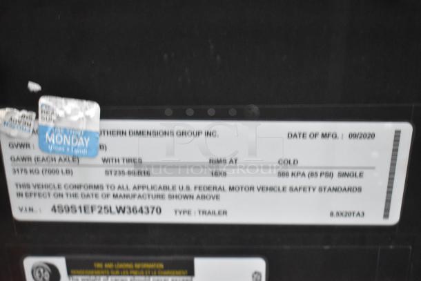 SDG 20' food trailer label showing manufacturing details, including date (09/2020), GVWR, tire size, and compliance standards.