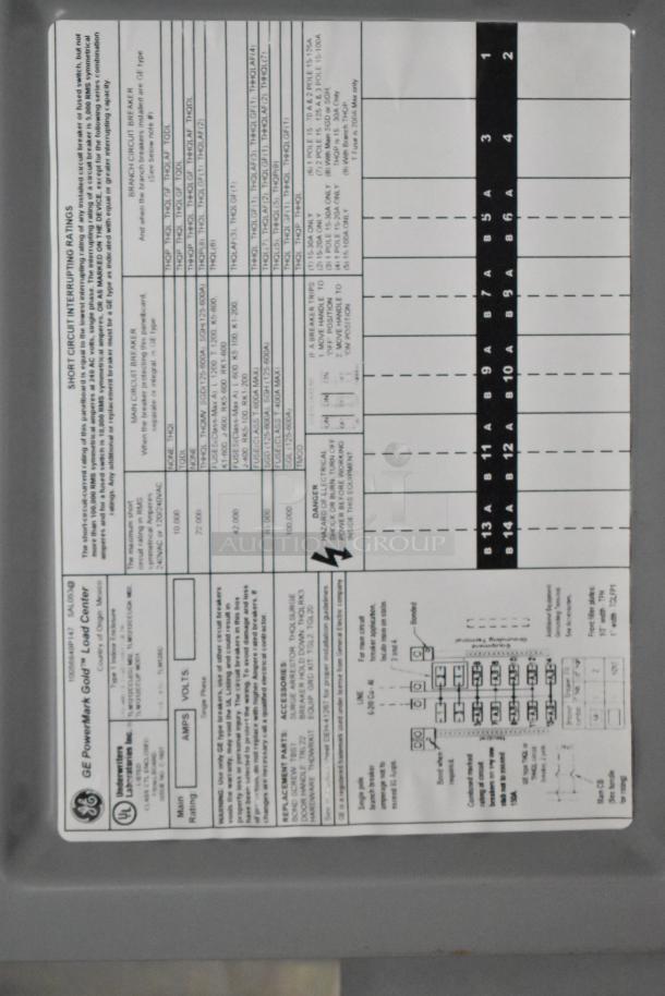 GE Powermark Gold Load Center label detailing circuit breaker specs and electrical ratings for a mobile kitchen setup.