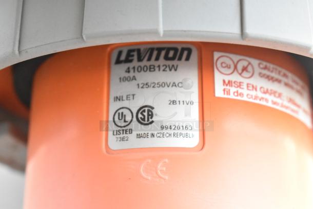Close-up of Leviton 4100B12W electrical component label, showing 100A, 125/250VAC, CE mark, and "Made in Czech Republic."