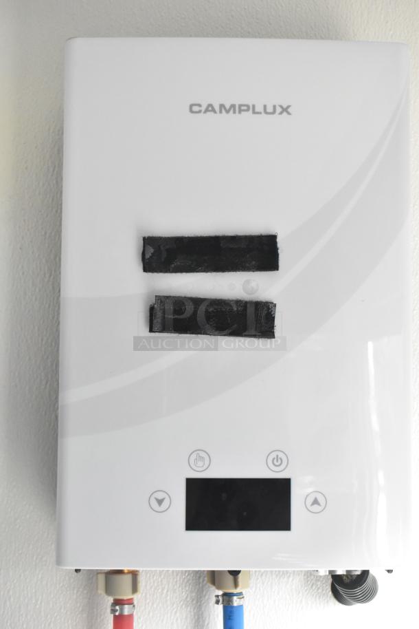 Camplux tankless water heater with digital controls, white casing, and taped-over branding. Ideal for compact spaces.