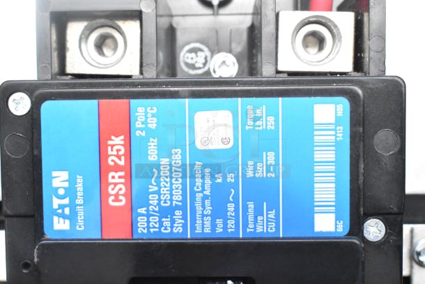 Eaton CSR 25k circuit breaker label, 120/240V, 200A, 2 pole, 60Hz. Includes details on interrupting capacity and torque.