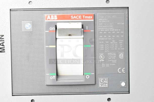 ABB SACE Tmax T7S circuit breaker, showing on/off switch, detailed specifications label, and UL certification markings.