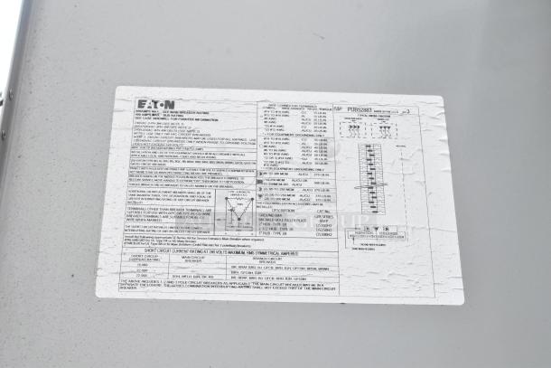 Electrical label on Rock Solid Cargo 28' fast food trailer, detailing circuit specifications and connections.