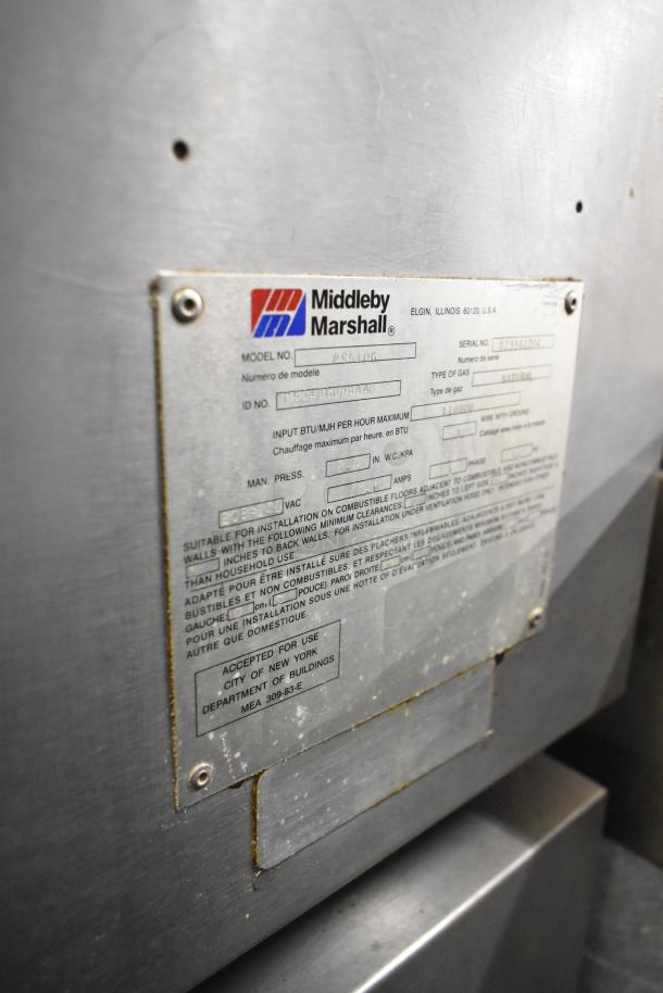 Middleby Marshall PS540G stainless steel conveyor pizza oven, natural gas, 110,000 BTU, model and safety label visible.