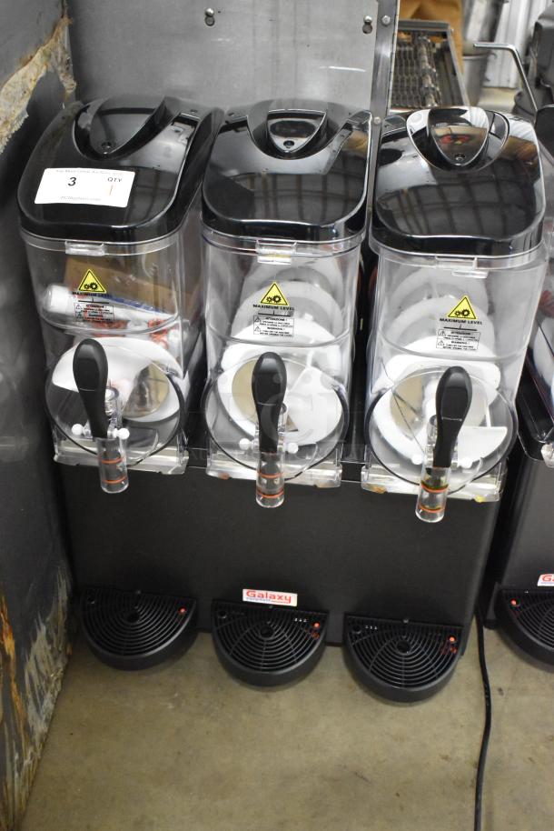 Brand new Galaxy 177GSM3 triple 3-gallon pourover granita machine. Metal, 120 volts, 1 phase, scratch and dent. Tags indicate model.