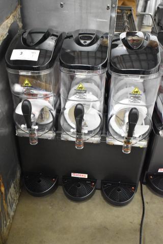 Brand new Galaxy 177GSM3 triple 3-gallon pourover granita machine. Metal, 120 volts, 1 phase, scratch and dent. Tags indicate model.