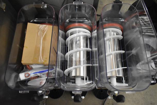 Brand new Galaxy 177GSM3 triple 3-gallon metal countertop pourover granita machine, 120V, with visible components.