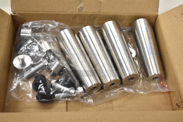 Box of Silver Metal Cylindrical Parts and Screws in Plastic Bags.