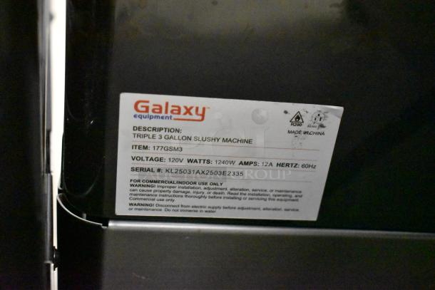 Alt text:  
Label of Galaxy 177GSM3 Granita Machine, shows 120V, 1240W, 12A. Serial: KL25031AX2503E2335. For commercial use only.