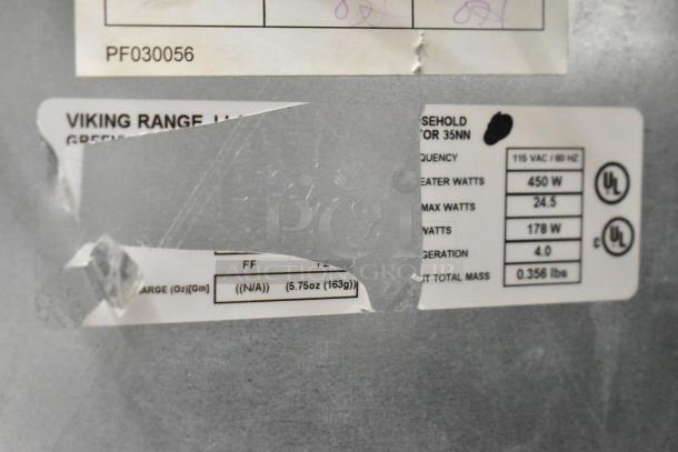 Viking Stainless Steel 2 Door Cooler and Freezer label. Details show 115V, 1 Phase, scratch and dent condition, UL listed.